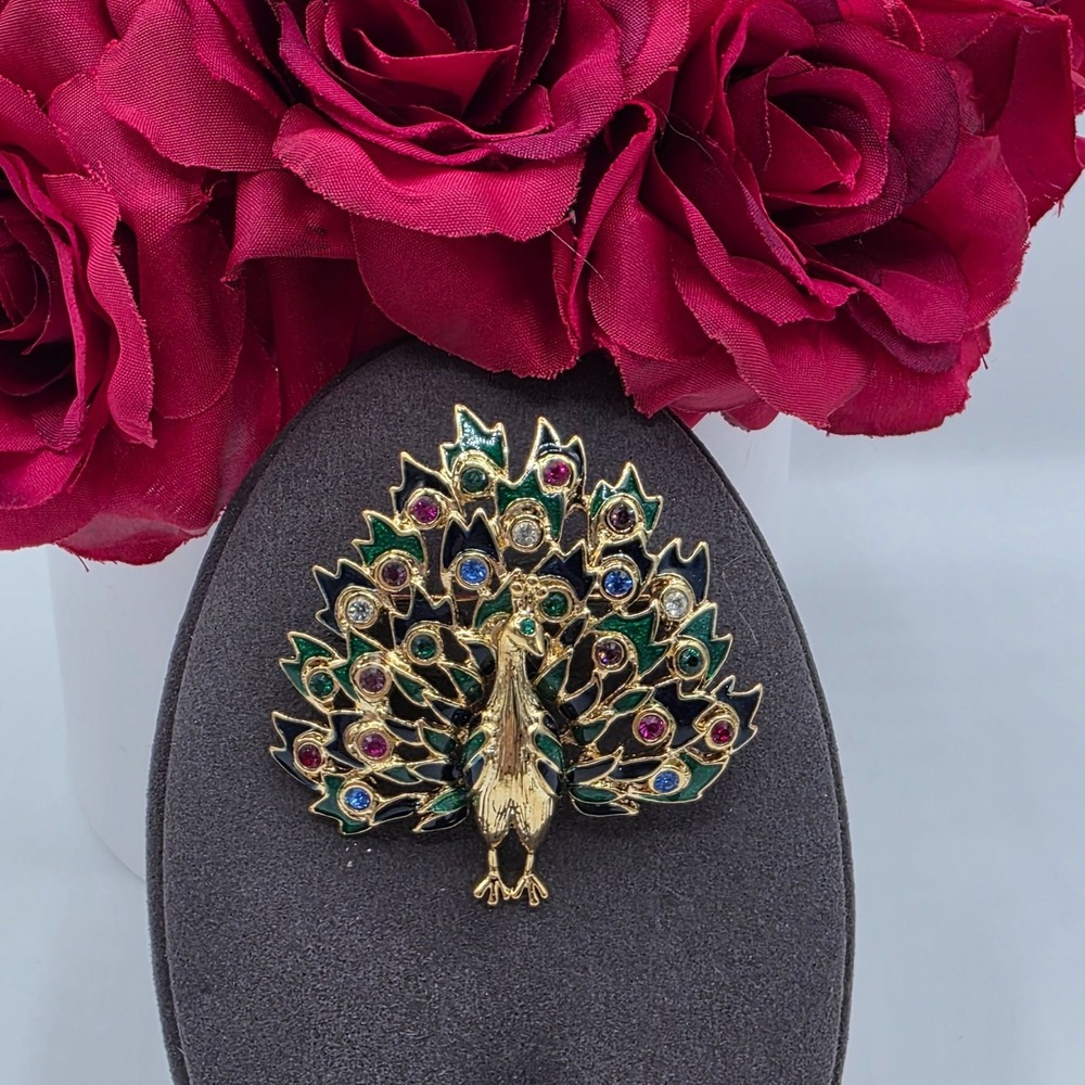 Gold Tone Peacock Brooch Enamel‎ Rhinestone Gemstones Statement Pin Jewelry Art